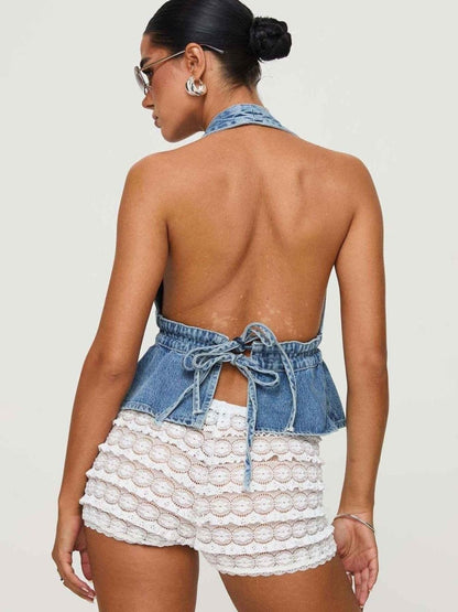 Backless Denim Top with Deep V-Neck and Waist Tie Detail