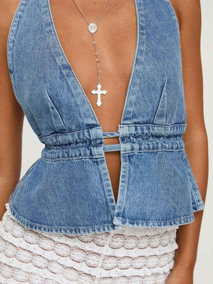 Backless Denim Top with Deep V-Neck and Waist Tie Detail