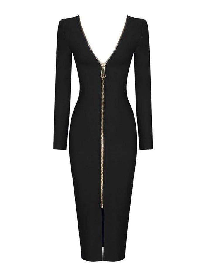 Bodycon Midi Dress with Deep Back Cut and Zipper Detail