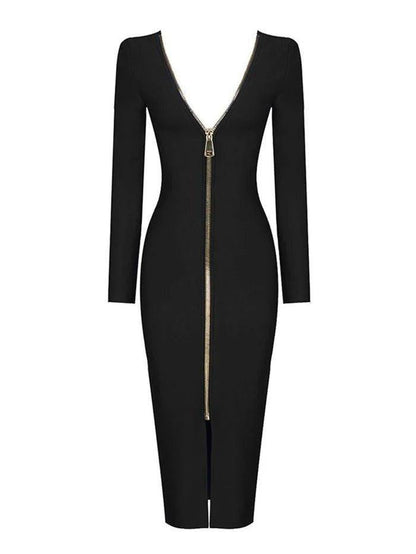 Bodycon Midi Dress with Deep Back Cut and Zipper Detail