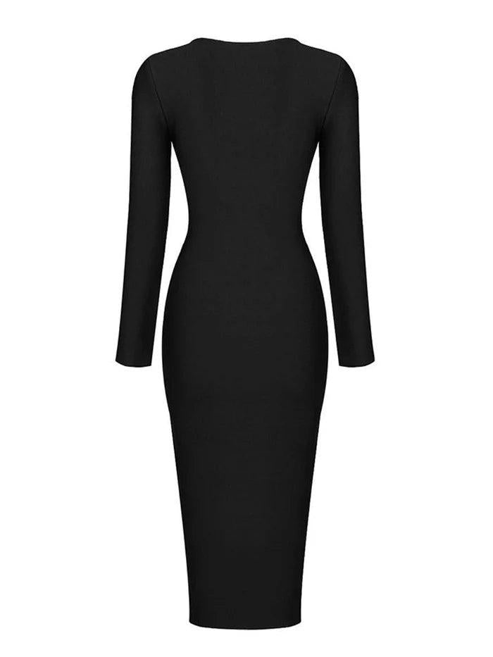 Bodycon Midi Dress with Deep Back Cut and Zipper Detail