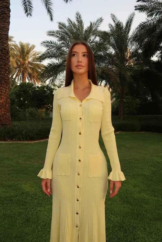 Elegant Shirt Dress with Button Placket in Pastel Yellow