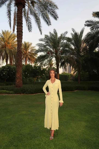 Elegant Shirt Dress with Button Placket in Pastel Yellow