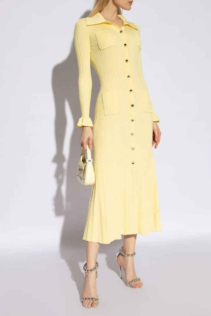 Elegant Shirt Dress with Button Placket in Pastel Yellow