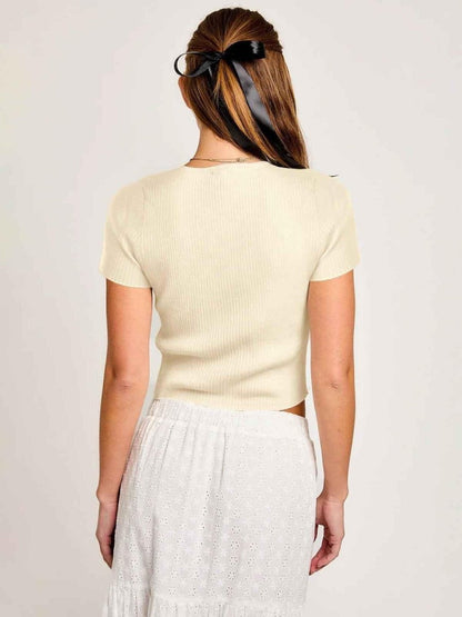 Ribbed Short Sleeve Top with Satin Bow Cut-Out Styling