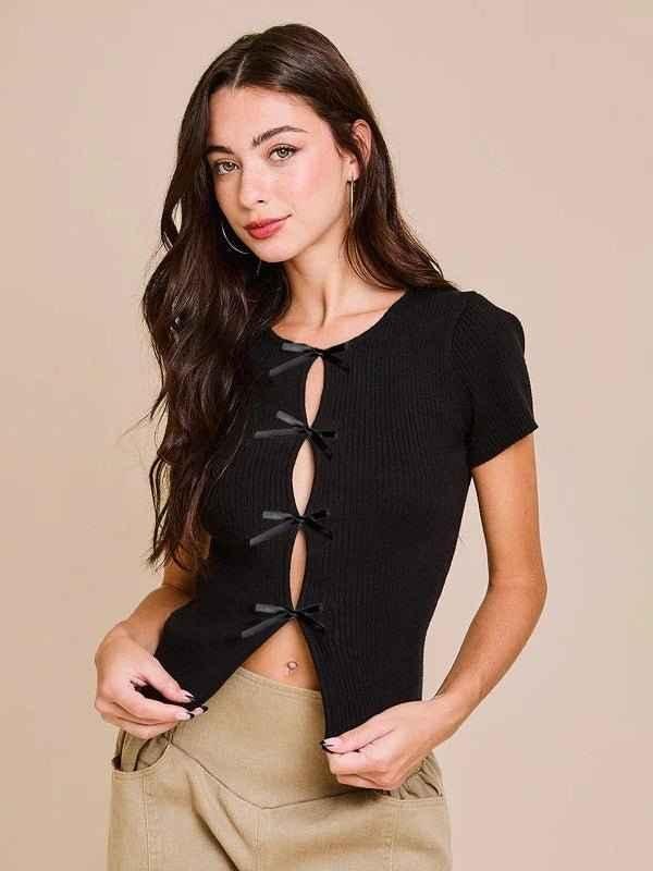 Ribbed Short Sleeve Top with Satin Bow Cut-Out Styling