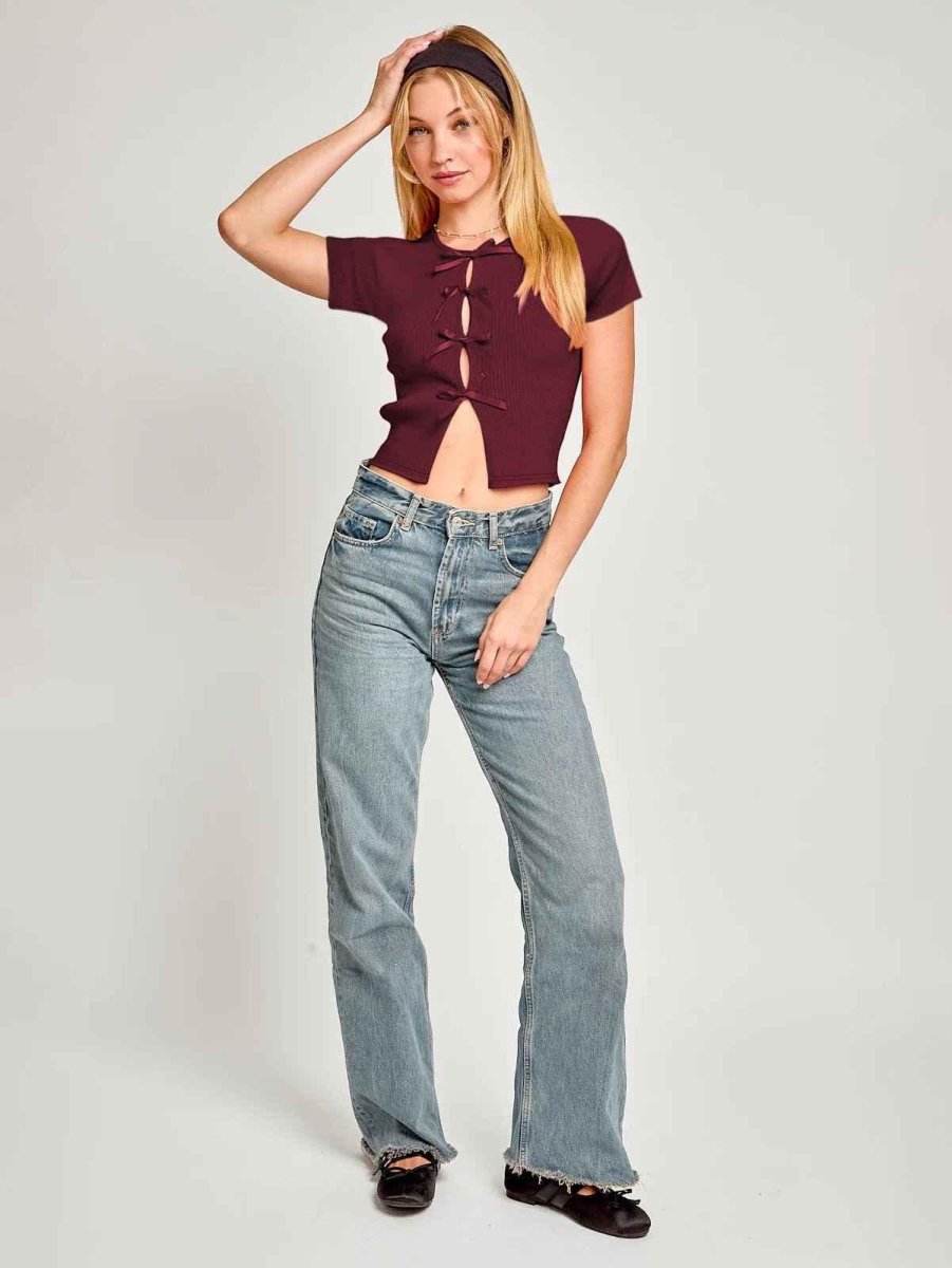 Ribbed Short Sleeve Top with Satin Bow Cut-Out Styling