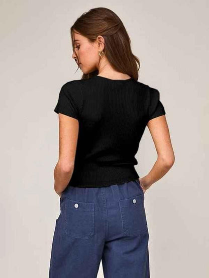 Ribbed Short Sleeve Top with Satin Bow Cut-Out Styling