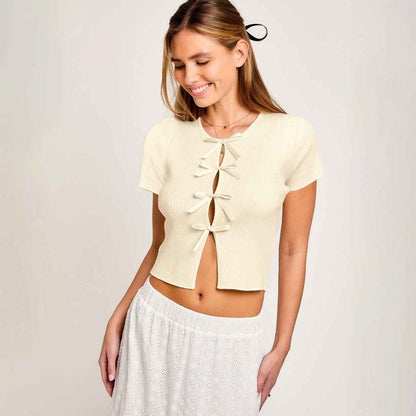 Ribbed Short Sleeve Top with Satin Bow Cut-Out Styling