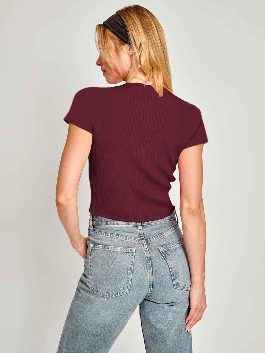 Ribbed Short Sleeve Top with Satin Bow Cut-Out Styling