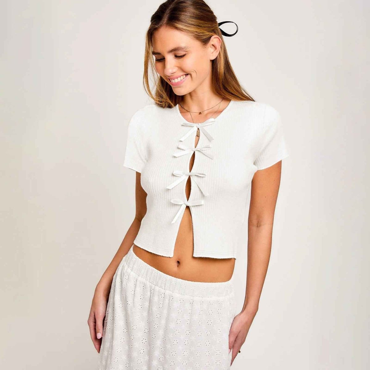 Ribbed Short Sleeve Top with Satin Bow Cut-Out Styling