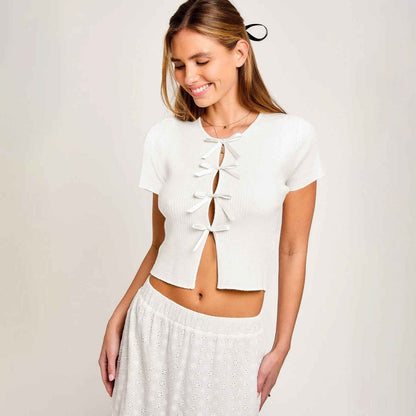 Ribbed Short Sleeve Top with Satin Bow Cut-Out Styling