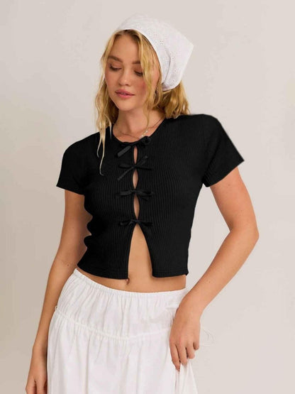 Ribbed Short Sleeve Top with Satin Bow Cut-Out Styling
