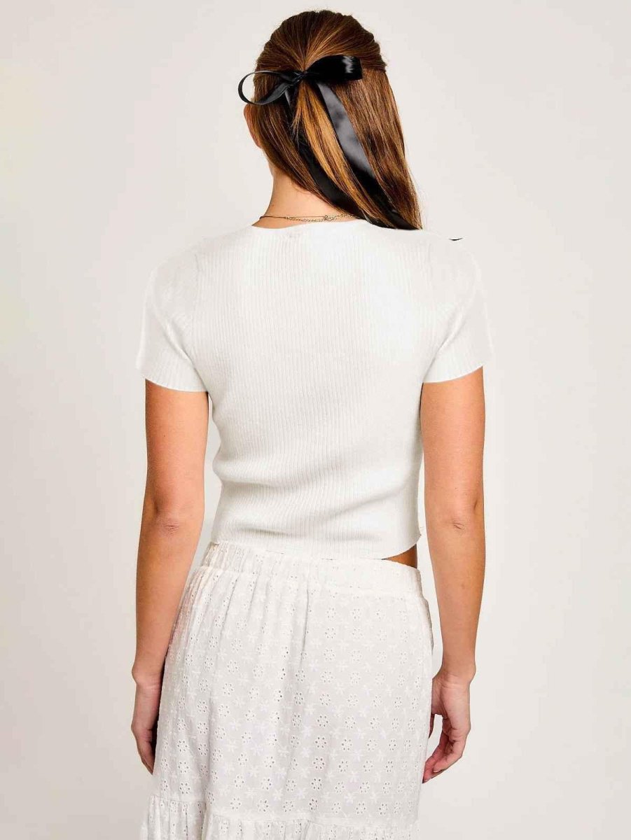Ribbed Short Sleeve Top with Satin Bow Cut-Out Styling