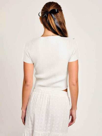 Ribbed Short Sleeve Top with Satin Bow Cut-Out Styling