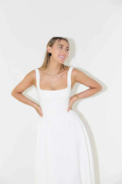 Midi Dress with Square Neckline & High Waist