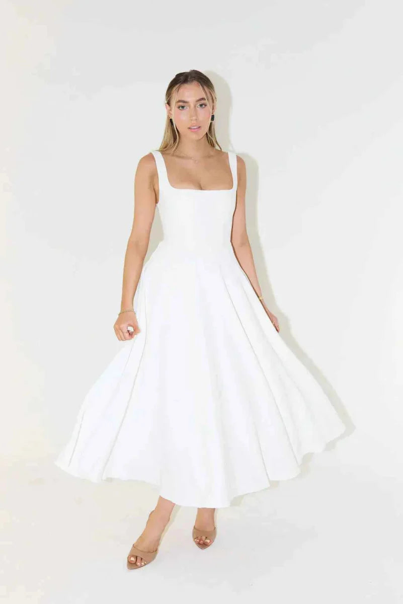 Midi Dress with Square Neckline & High Waist