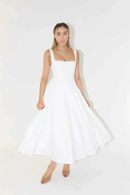 Midi Dress with Square Neckline & High Waist