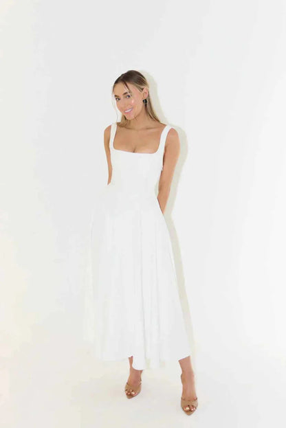 Midi Dress with Square Neckline & High Waist