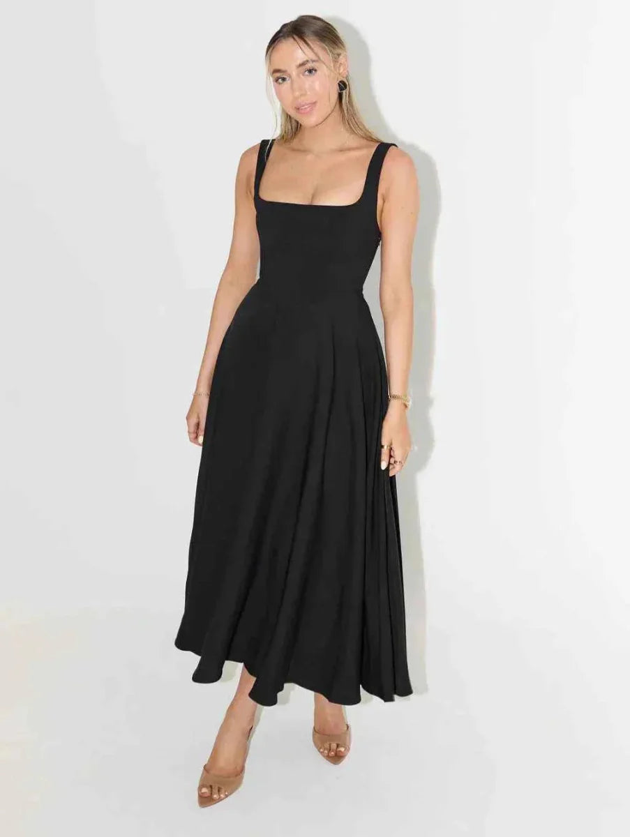 Midi Dress with Square Neckline & High Waist