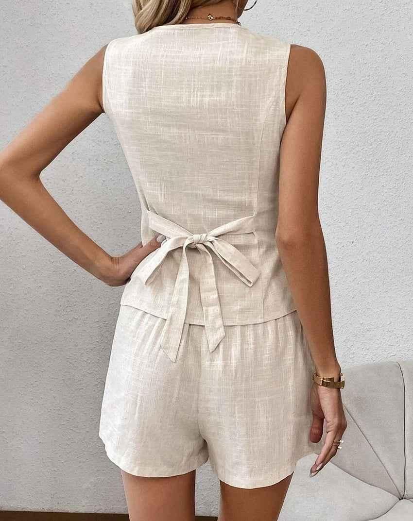 Sleeveless Cotton Two-Piece Set with Tie Belt for Summer