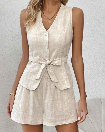 Sleeveless Cotton Two-Piece Set with Tie Belt for Summer