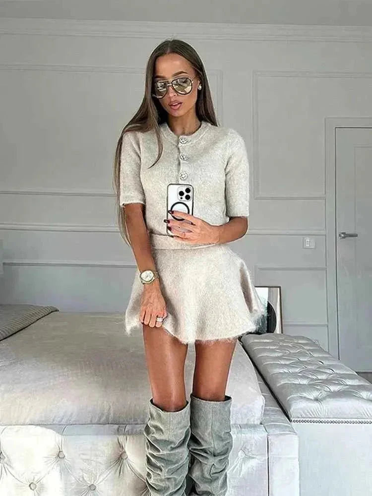 Cozy Knit Two-Piece Set with Mini Skirt and Button Top