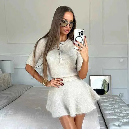 Cozy Knit Two-Piece Set with Mini Skirt and Button Top