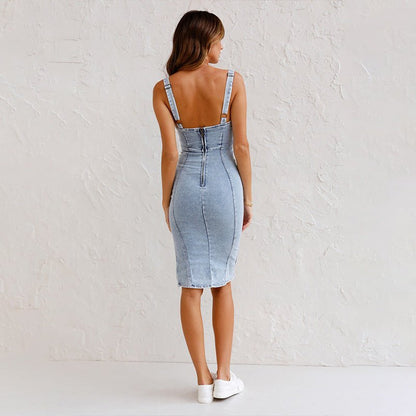 Fitted Denim Dress with V-Neck & Slit