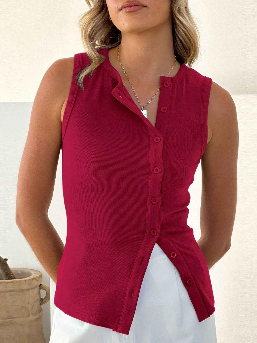 Sleeveless Shirt Top with Button Front and Collar Styling