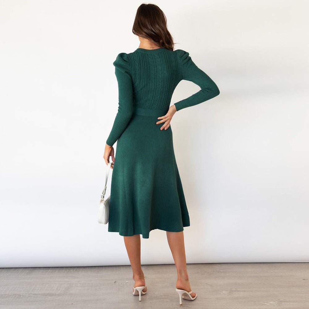 Fine Knit Dress with Waist Belt and Textured Pattern