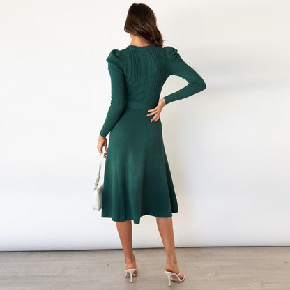 Fine Knit Dress with Waist Belt and Textured Pattern