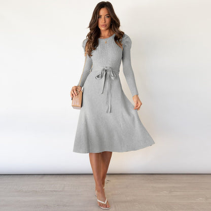 Fine Knit Dress with Waist Belt and Textured Pattern