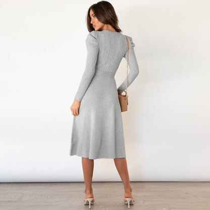 Fine Knit Dress with Waist Belt and Textured Pattern