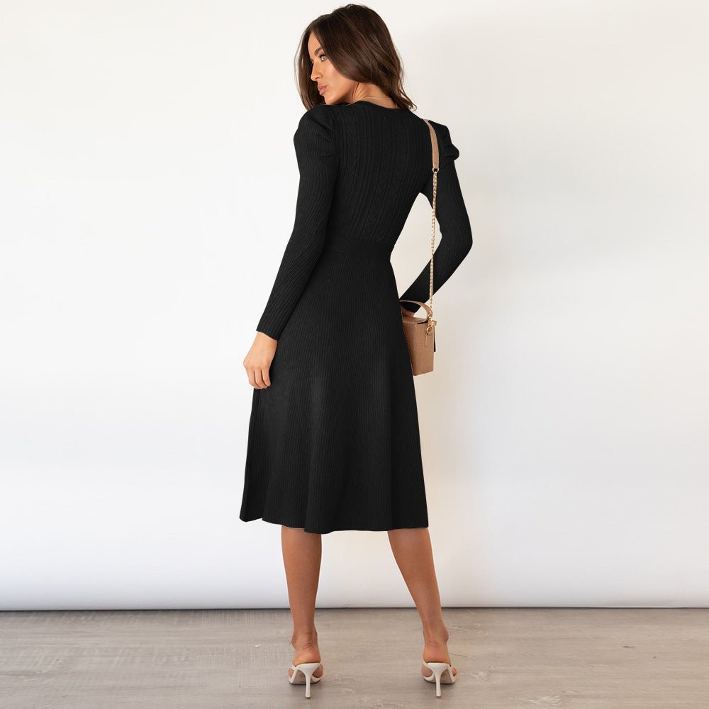 Fine Knit Dress with Waist Belt and Textured Pattern