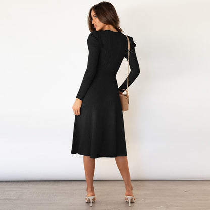 Fine Knit Dress with Waist Belt and Textured Pattern