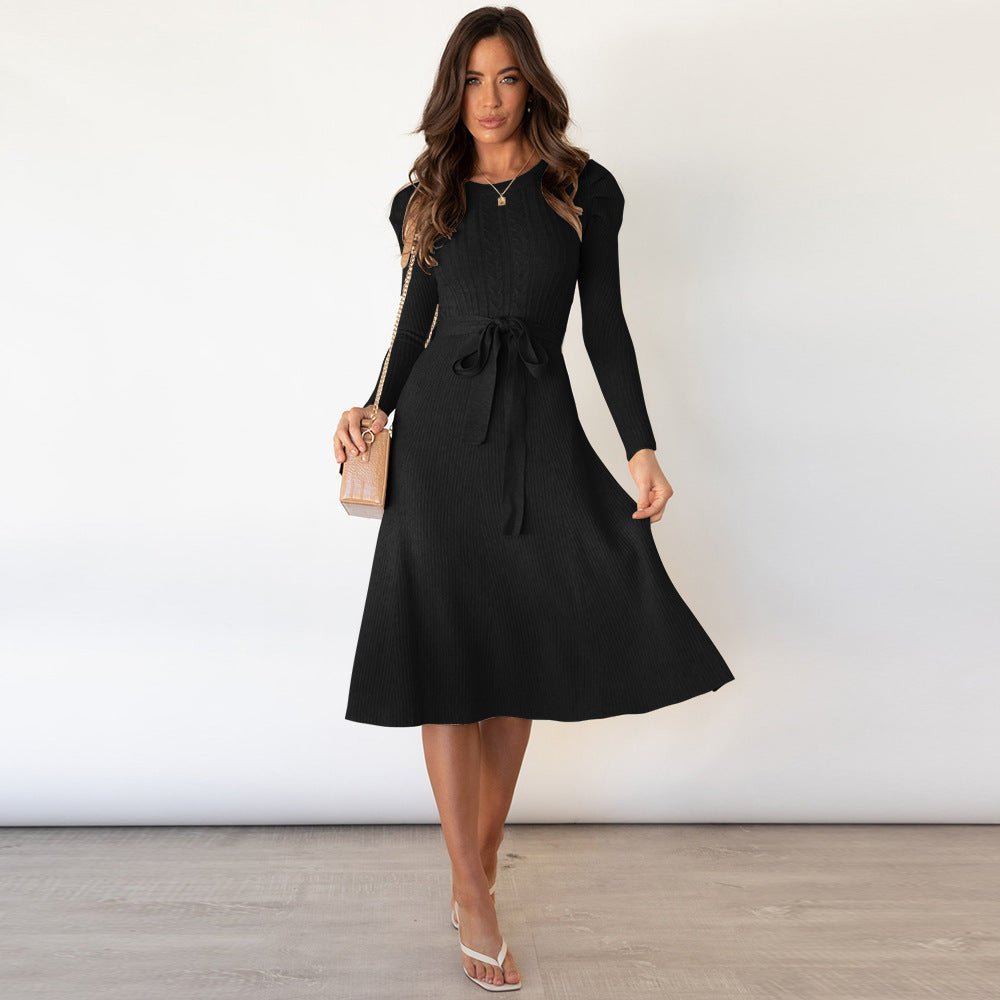 Fine Knit Dress with Waist Belt and Textured Pattern