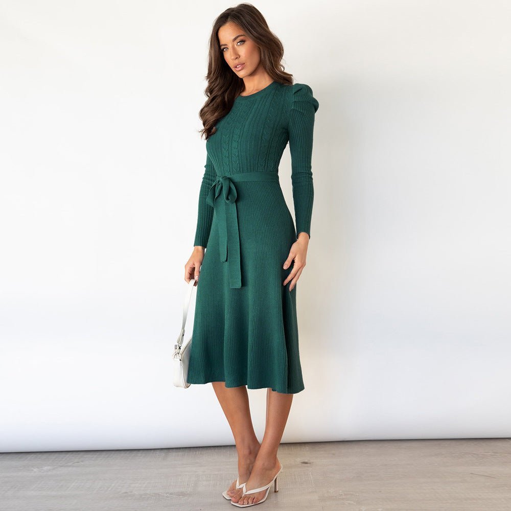 Fine Knit Dress with Waist Belt and Textured Pattern
