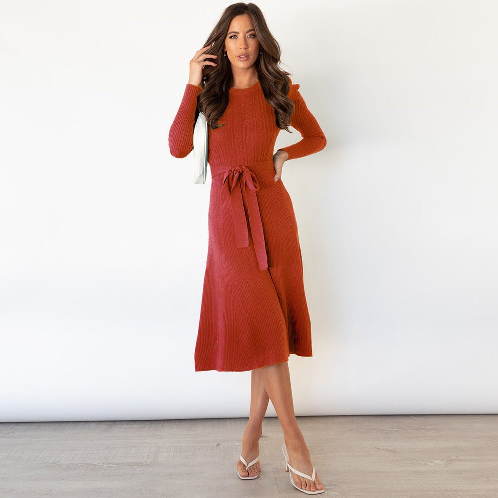 Fine Knit Dress with Waist Belt and Textured Pattern