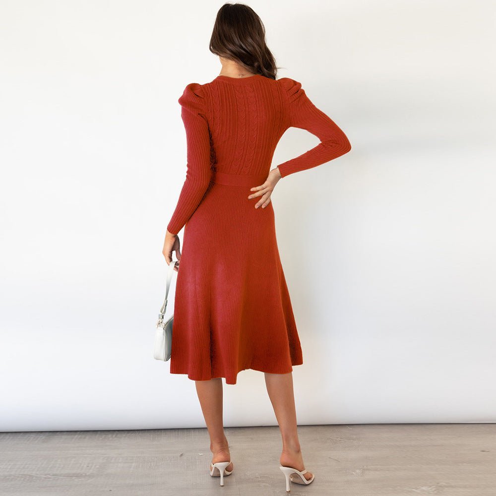 Fine Knit Dress with Waist Belt and Textured Pattern
