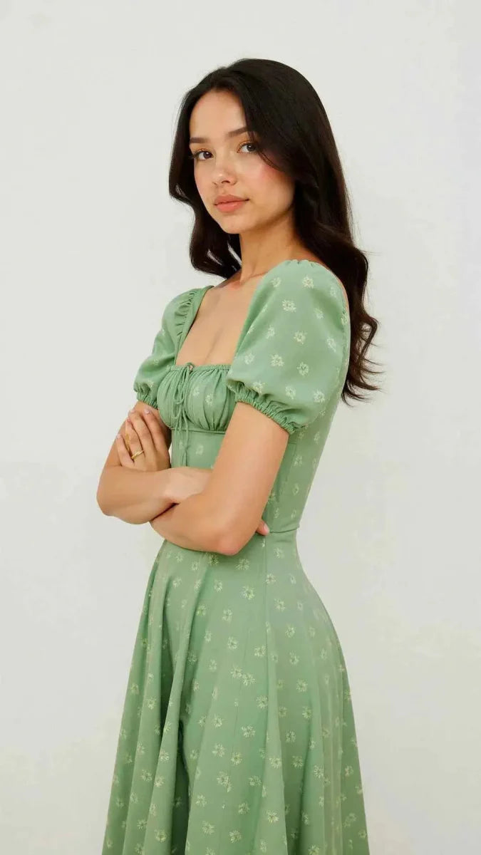 Square Neck Midi Dress with Waist Shaping