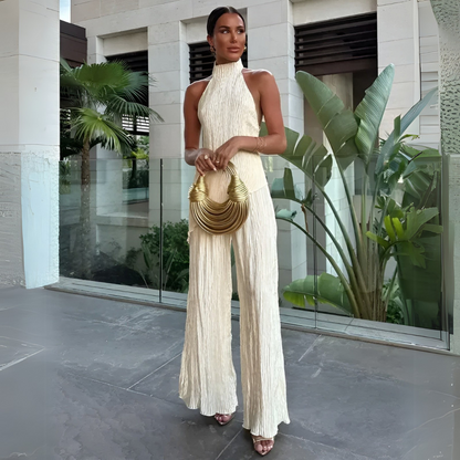 Halter Backless Plisse Jumpsuit for Elegant Summer Styling