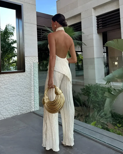 Halter Backless Plisse Jumpsuit for Elegant Summer Styling