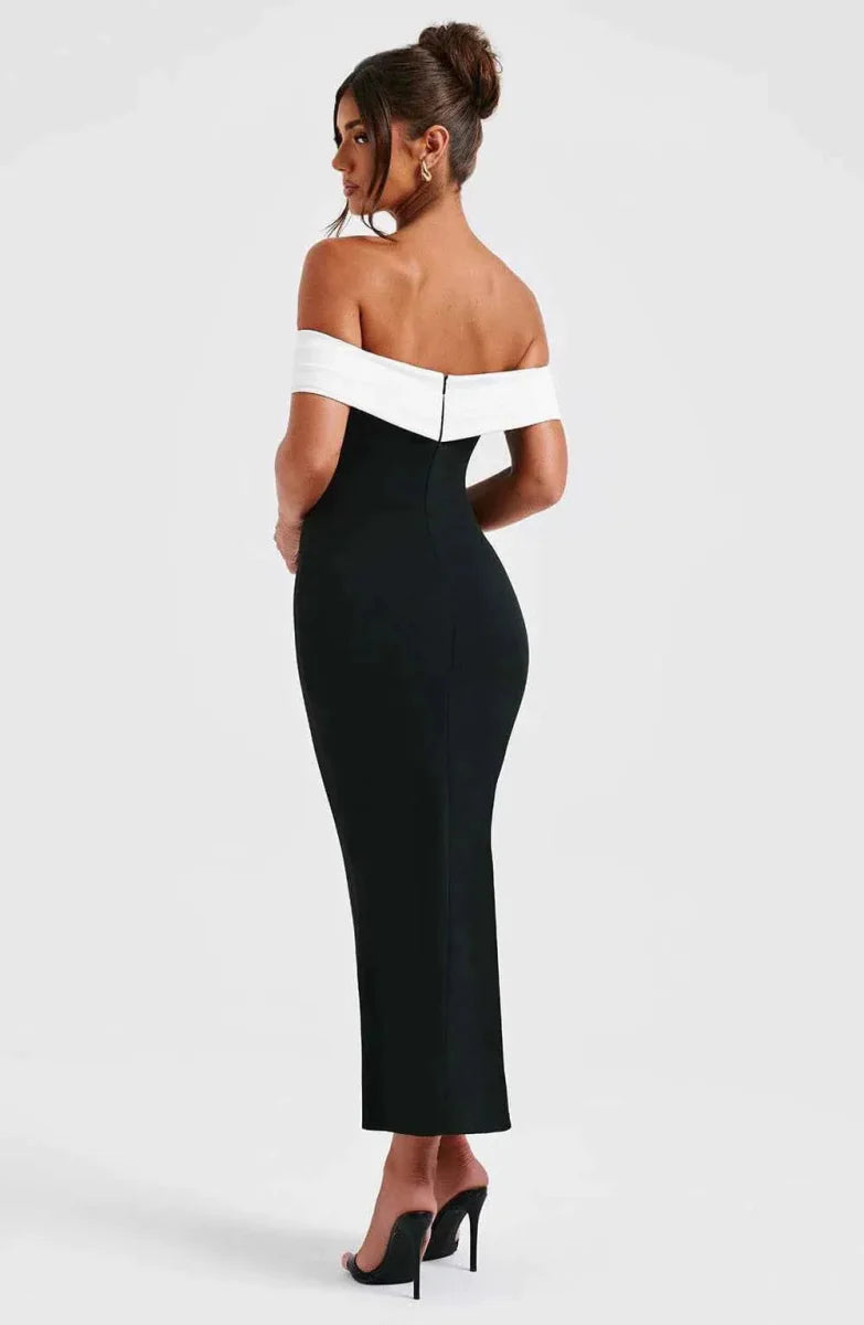 Off-Shoulder Midi Dress with Color Contrast