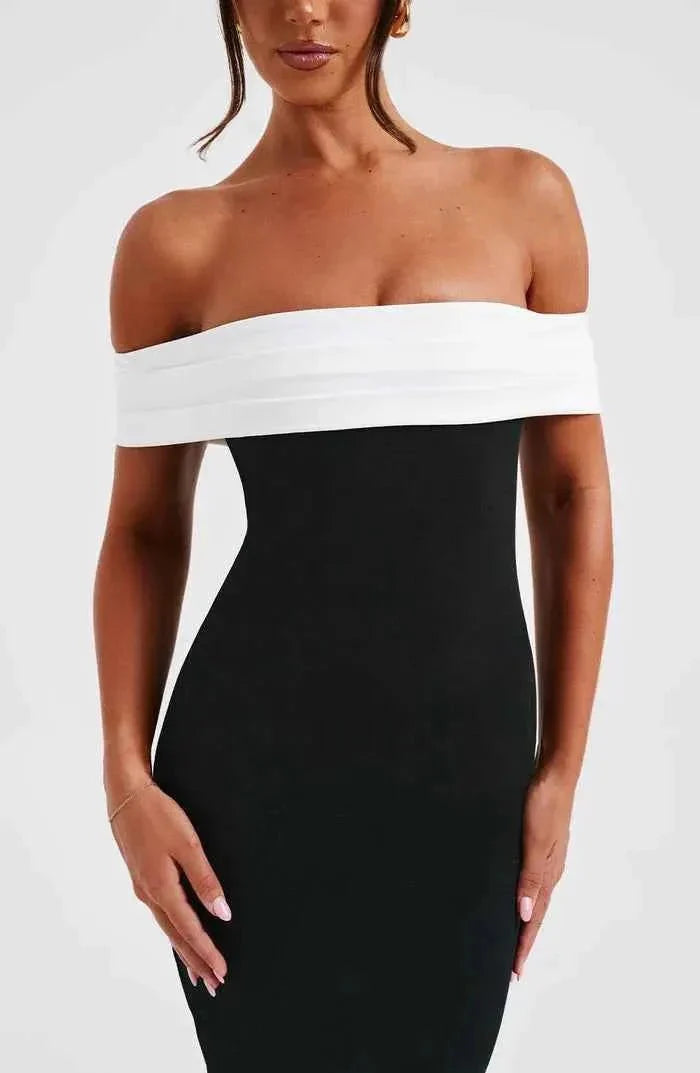 Off-Shoulder Midi Dress with Color Contrast