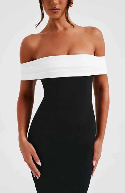 Off-Shoulder Midi Dress with Color Contrast