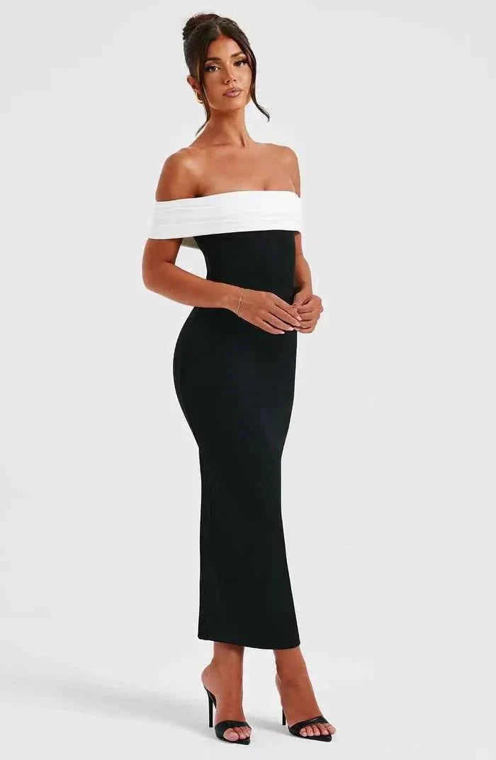 Off-Shoulder Midi Dress with Color Contrast