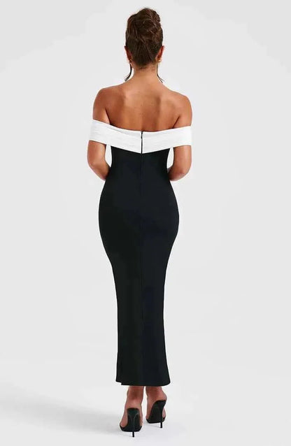 Off-Shoulder Midi Dress with Color Contrast
