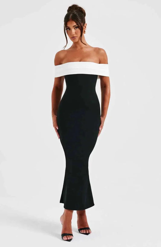 Off-Shoulder Midi Dress with Color Contrast