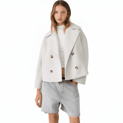 Women’s Cropped Peacoat with Double-Button Front and Notched Lapel